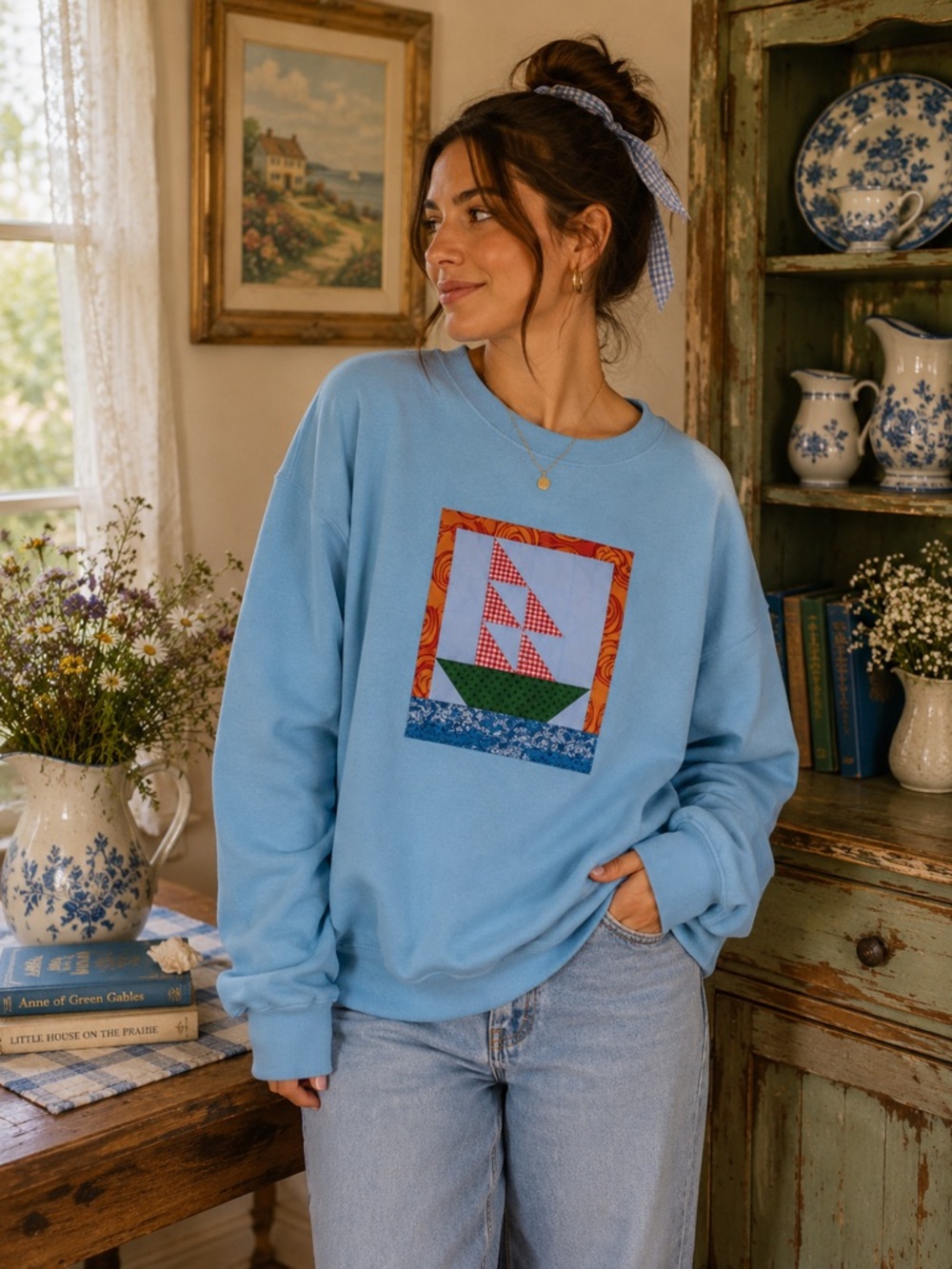 Quilt Crewneck Sweater - Vintage Patchwork Sweatshirt - Sailing Ship